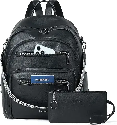 Mochila de cuero para laptop de 14 pulgadas, negra